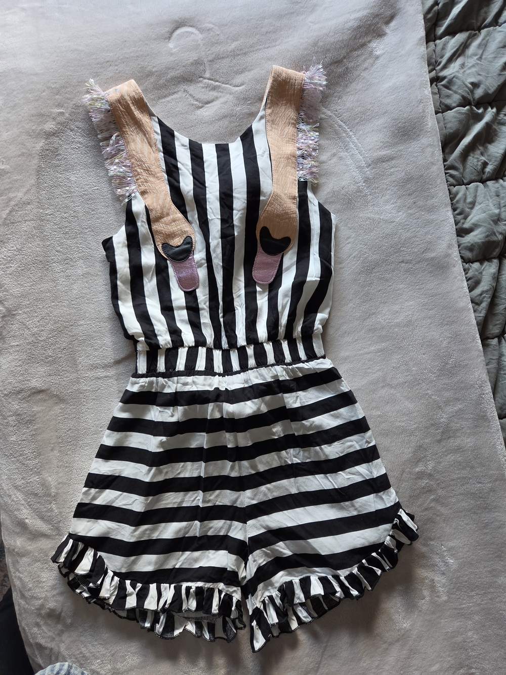 Wauw Capow Girls' Black & White Striped Romper with Pink Strap Accents